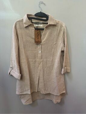 Rhea Natural Beige Linen Button Front Tunic